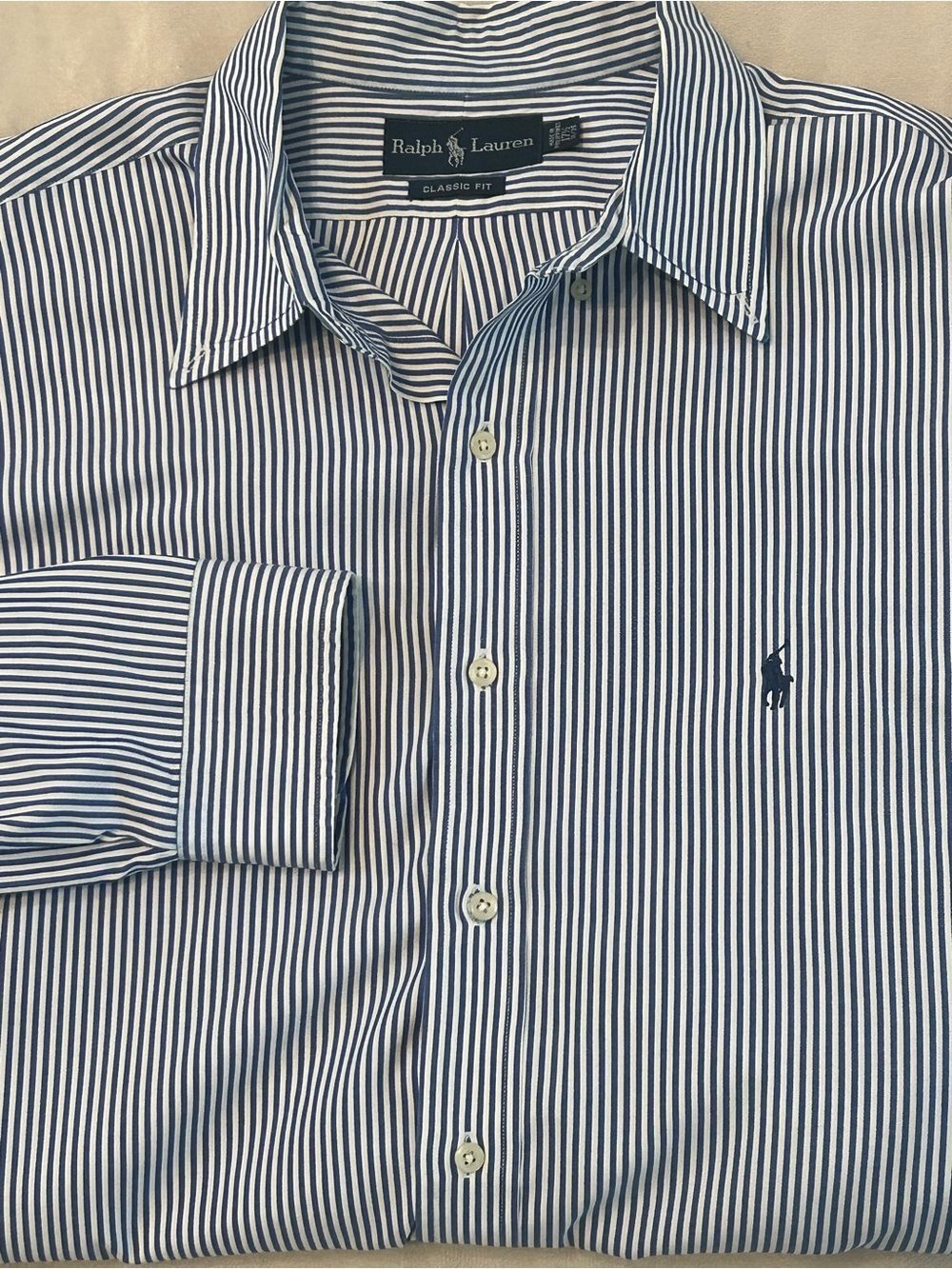 Polo Ralph Lauren Men 17.5 34/35 Classic Fit Blue White Striped Dress Shirt XL